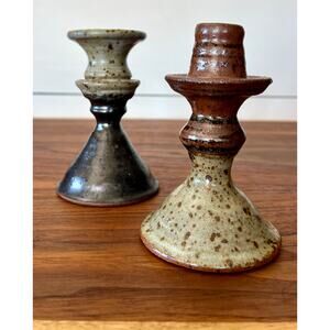 Vintage Pair of Handmade Stoneware Glazed Candlestick Holders Signed Hanson